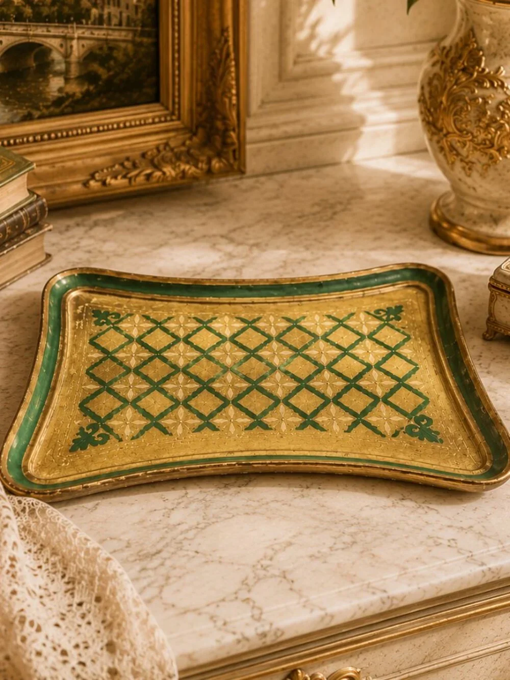 Vintage Large Italian Florentine Ornate Hand-Painted Carved Wooden Serving Tray